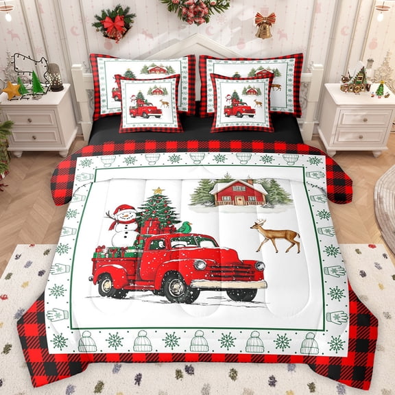 Manfei Red Rustic Truck Bedding Comforter Set 7pcs for Teens, Christmas Snowman Reindeer Queen Bedding Sets, Vintage Buffalo Plaid Reversible Queen Sheet Sets, Breathable Home Decor