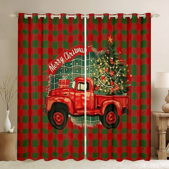 Manfei Red Rustic Truck Blackout Curtains Set of 2 (52x84 Each) for Kids, Retro Christmas Buffalo Window Curtains, Green Xmas Tree Gifts Curtains and Drapes, Window Curtains Bedroom Decor