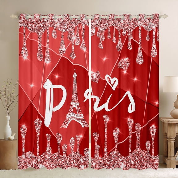 Manfei Red Sequin Print Blackout Curtains Set of 2 (52x84 Each) for Teens, Romantic Anniversary Paris Window Curtains, Eiffel Tower Curtains and Drapes, Living Room Curtains Decor
