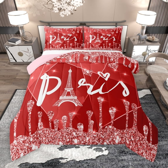 Manfei Red Sequin Print Queen Comforter Set for Teens, Romantic Anniversary Paris Bedding Sets, Eiffel Tower Reversible Bedding Comforter Set, Breathable Home Decor, 3 Pieces