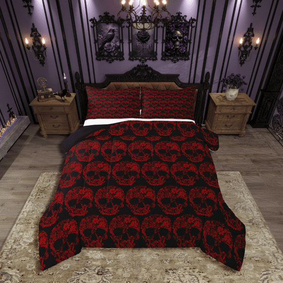 Manfei Red Skull 3 Pieces Queen Comforter Set,Happy Halloween Ultra Soft Bedding Sets,Chic Flower Bedding Comforter Set,Super Cozy Gothic Room Decor,Reversible