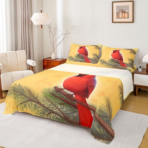 Manfei Red Sparrow 4-Piece Full Size Sheets for Boys Girls Children,Merry Christmas Bed Sheets,Happy Xmas Lightweight Sheet Sets,Luxury Bedroom Decor