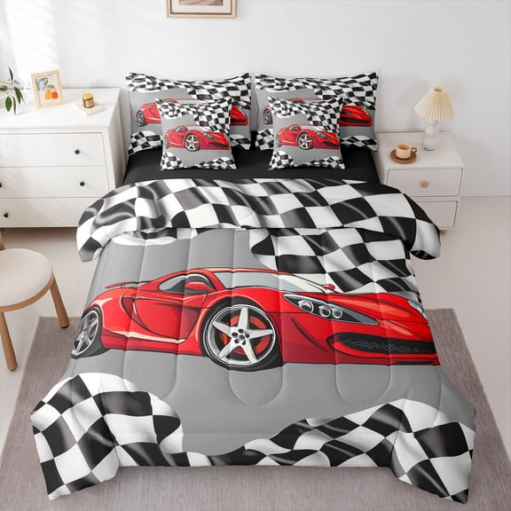 Manfei Red Sports Cars 7 Pieces Full Size Bedding Sets,Classic Racing Print Full Size Bed in a Bag,Black Reversible