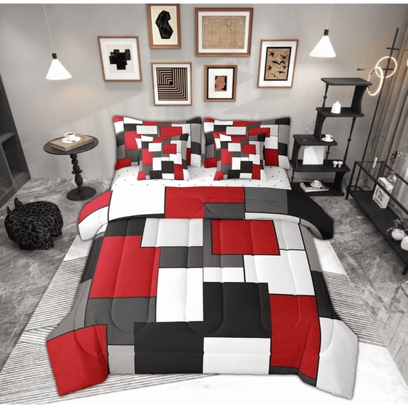 Manfei Red Square Bedding Sets Queen Size, Modern Geometric Bed in a Bag Queen size, Chic Abstract Comforter Sets with Sheets, Microfiber Room Decor, 7-Piece