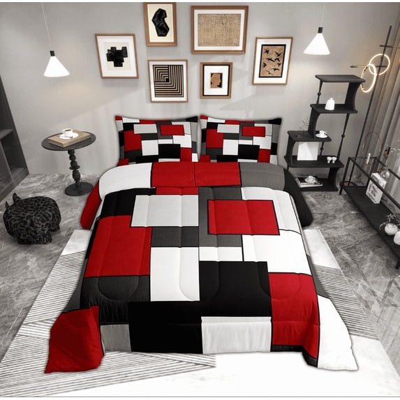 Manfei Red Square Bedding Sets Twin with Comforter, Modern Geometric Comforter Sets Twin Size, Chic Abstract Down Comforter, Microfiber Room Decor, 2-Piece