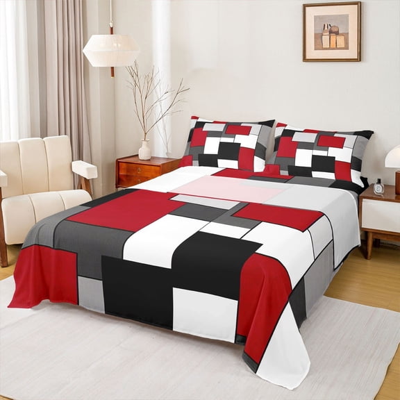 Manfei Red Square Queen Sheet Sets, Modern Geometric Sheet Set Queen, Chic Abstract Bed Sheets Set Queen Size, Microfiber Room Decor, 4-Piece