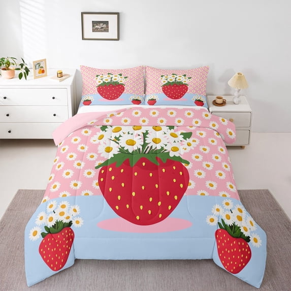 Manfei Red Strawberry 2pcs Bedding Comforter Set,Floral Daisy Twin Comforter Sets,Cartoon Flower Breathable Bedding Set,Microfiber Kawaii Room Decorative,Reversible