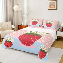 Manfei Red Strawberry 3pcs Twin Sheet Sets,Floral Daisy Twin Fitted Sheet,Cartoon Flower Breathable Flat Sheet,Microfiber Kawaii Room Decorative