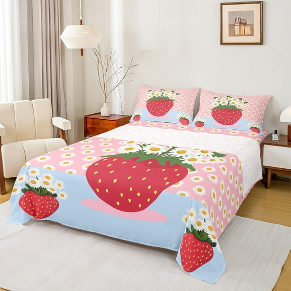 Manfei Red Strawberry 3pcs Twin Sheet Sets,Floral Daisy Twin Fitted Sheet,Cartoon Flower Breathable Flat Sheet,Microfiber Kawaii Room Decorative