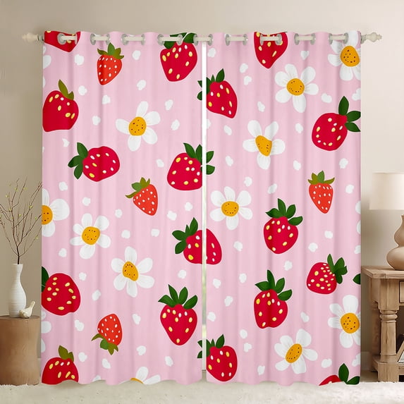 Manfei Red Strawberry Black Out Curtains,Cute Daisy Flower Curtains Pack of 2 (42x63 Each),Girls Pink Bedroom Curtains For Princess Kids,Super Cozy Room Decor