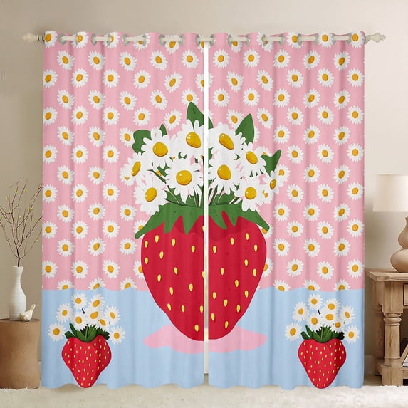 Manfei Red Strawberry Curtains Pack of 2 (42x84 Each),Floral Daisy Curtains Blackout,Cartoon Flower Bedroom Curtains,Microfiber Kawaii Room Decorative