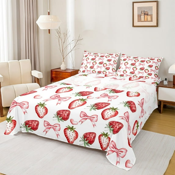 Manfei Red Strawberry Fruit Bed Sheets for Teen, Princess Bowknot King Sheets, Kawaii Cartoon Food Sheet Set, Breathable Home Decor, 4pcs