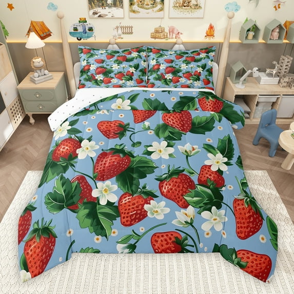 Manfei Red Strawberry Fruit Bedding Comforter Set for Kids, Rustic Flower Floral Twin Comforter Sets, Blue Cartoon Theme Reversible Bedding Set, Luxury Bedroom Decor, 2 Pieces