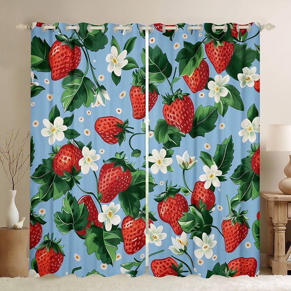 Manfei Red Strawberry Fruit Curtains Pack of 2 (42x84 Each) for Kids, Rustic Flower Floral Curtains Blackout, Blue Cartoon Theme Bedroom Curtains, Window Curtains Bedroom Decor