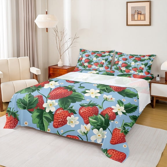 Manfei Red Strawberry Twin Sheet Set, Flower Floral Blue Cartoon 3-Piece Kids Decor
