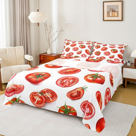 Manfei Red Tomato Fruit Queen Sheet Sets, Kawaii Cartoon Food Flat Sheet, Teen Boy Girl Kid Queen Fitted Sheet, Microfiber Bedroom Decor, 4 Pieces