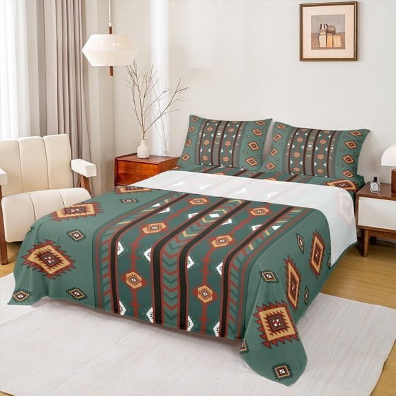 Manfei Red Tribal Geometric Sheet Set Twin,Rustic Boho Aztec Bedding Sets Twin Size,Country Cabin Lodge Twin Sheet Sets,Microfiber Bedroom Decor,3 Pieces