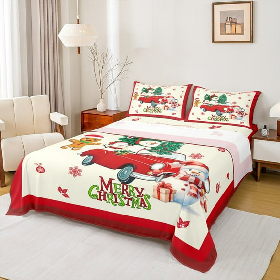 Manfei Red Truck 3pcs Twin Sheet Sets,Xmas Snowman Twin Fitted Sheet,Happy New Year Breathable Flat Sheet,Christmas Bedroom Decoration