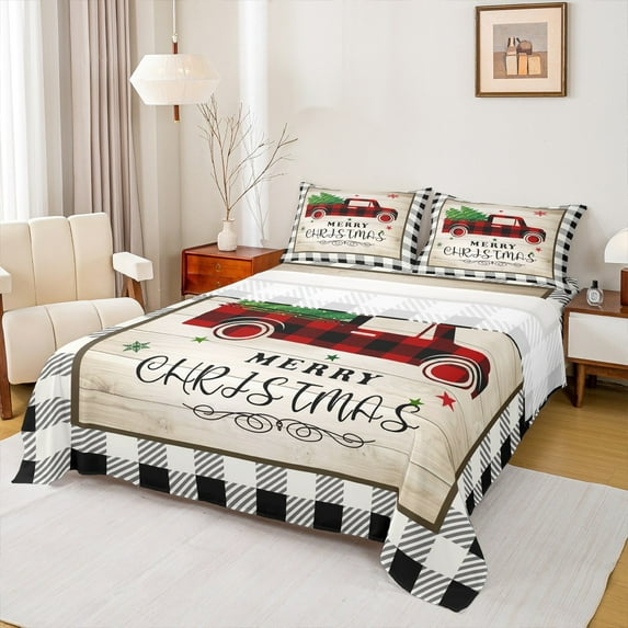Manfei Red Truck 4 Pieces Queen Sheet Sets,Geometric Buffalo Ultra Soft Flat Sheet,Lodge Cabin Queen Fitted Sheet,Teenagers Bedroom Decor