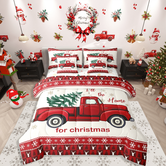 Manfei Red Truck 7-Piece Bedding Comforter Set,Happy Christmas King Bedding Sets,Festival Theme Ultra Soft Bed Sheets,Ultra Soft Xmas Room Decoration,Reversible