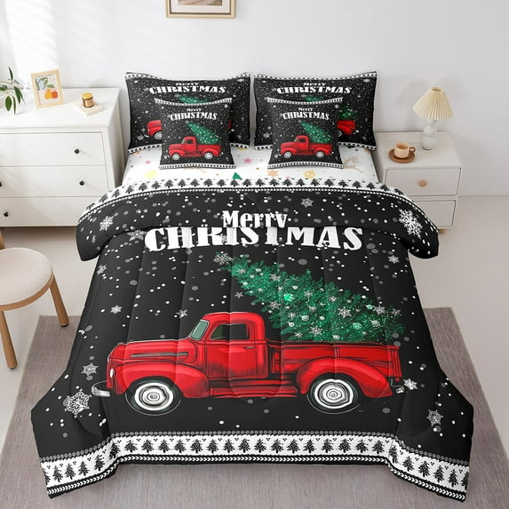 Manfei Red Truck 7pcs Bedding Comforter Set,Christmas Tree Queen Bedding Sets Super Cozy,Festival Xmas Queen Sheet Sets,Breathable Happy New Year Room Decorative,Reversible