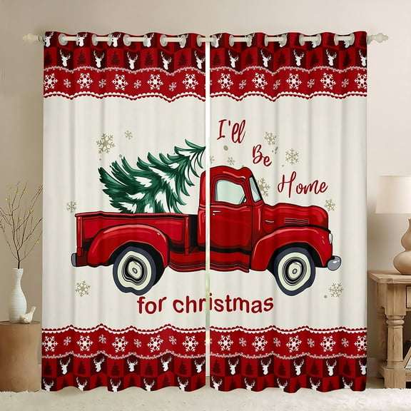Manfei Red Truck Black Out Curtains,Happy Christmas Curtains Pack of 2 (42x63 Each),Festival Theme Bedroom Curtains,Xmas Room Decoration