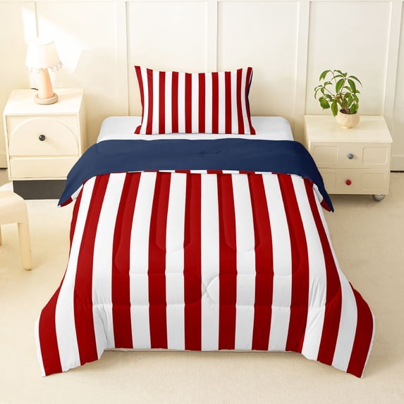 Manfei Red White Stripes Twin Comforter Sets,Modern Geometric Bedding Set,Navy Blue Reversible,2pcs,1 Comforter and 1 Pillowcase