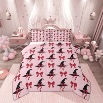 Manfei Red Witch Hat Bedding Comforter Set for Kid, Kawaii Cartoon Bowknot Twin Comforter Sets, Happy Halloween Reversible Bedding Set, Lightweight Room Decor, 2-Piece