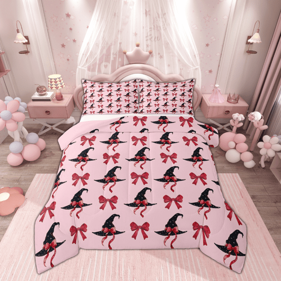 Manfei Red Witch Hat Bedding Comforter Set for Kid, Kawaii Cartoon Bowknot Twin Comforter Sets, Happy Halloween Reversible Bedding Set, Lightweight Room Decor, 2-Piece