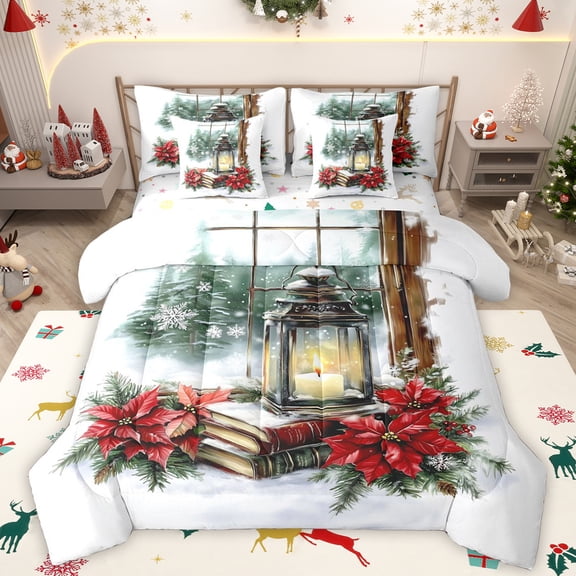 Manfei Red Xmas Floral 7pcs Bedding Comforter Set,Merry Christmas Queen Bedding Sets,Books Snowflake Pattern Queen Sheet Sets For Kids,Microfiber Bedroom Decor Reversible