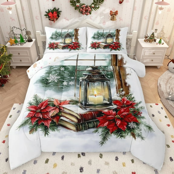 Manfei Red Xmas Floral Queen Comforter Set,Merry Christmas Bedding Sets,Books Snowflake Pattern Bedding Comforter Set For Kids,Microfiber Bedroom Decor Reversible,3 Pieces