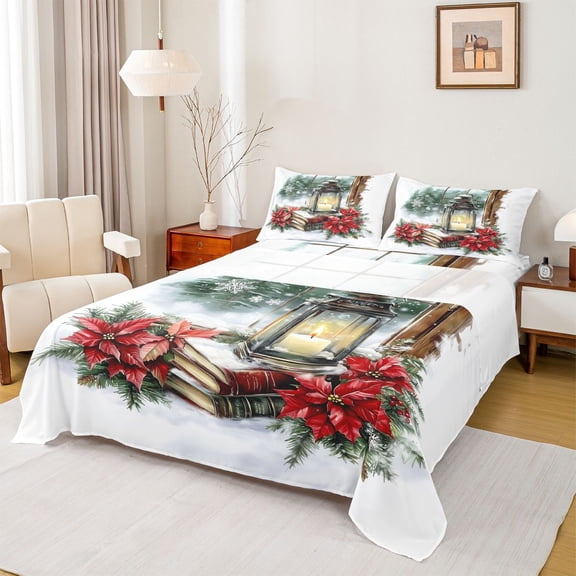 Manfei Red Xmas Floral Twin Sheet Sets,Merry Christmas Twin Fitted Sheet,Books Snowflake Pattern Flat Sheet For Kids,Microfiber Bedroom Decor,3pcs