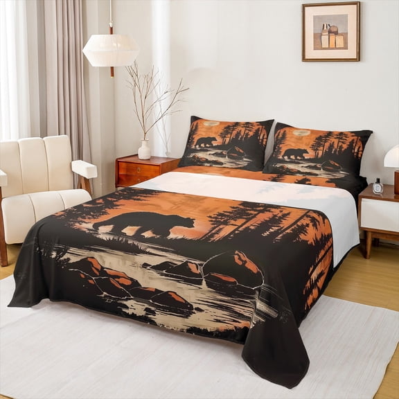 Manfei Reindeer Bear Adult Bed Sheets, Black Rustic Animal King Sheets, Vintage Countryside Sheet Set, Luxury Bedroom Decor, 4pcs