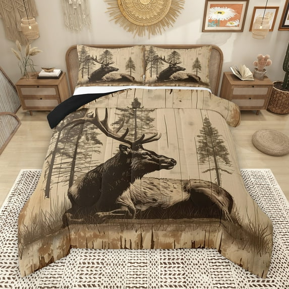 Manfei Reindeer Elk Adult Full Size Comforter Sets, Rustic Animal Bedding Comforter Set, Vintage Countryside Cabin Reversible Bedding Sets, Luxury Bedroom Decor, 3-Piece
