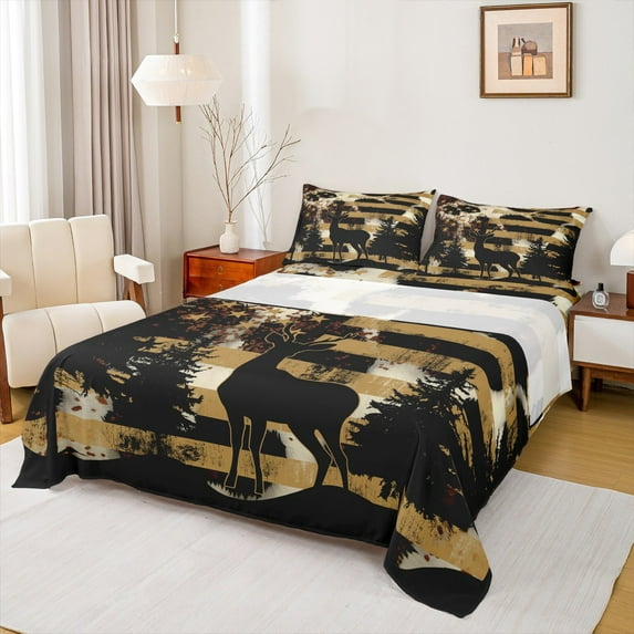 Manfei Reindeer Elk Print Queen Sheet Sets for Adult, Vintage American Flag Flat Sheet, Wildlife Animal Queen Fitted Sheet, Microfiber Bedroom Decor, 4pcs