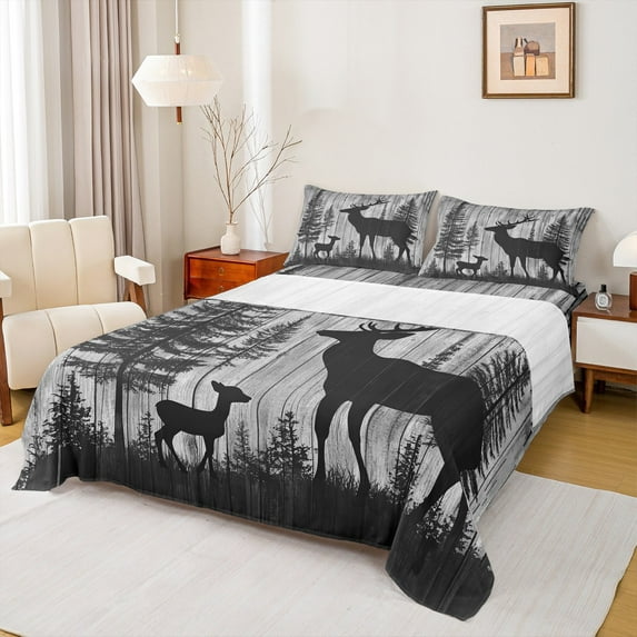 Manfei Reindeer Elk Print Twin Sheet Sets for Adult, Farmhouse Lodge Cabin Twin Fitted Sheet, Wildlife Animal Flat Sheet, Ultra Soft Home Decor, 3pcs