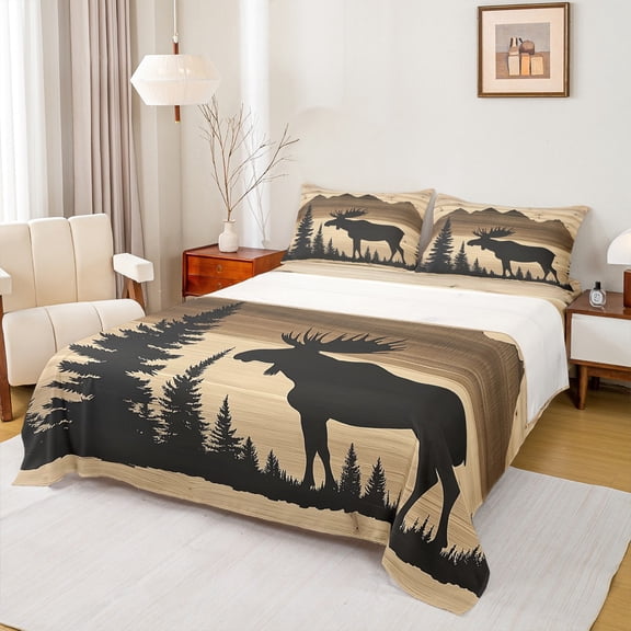 Manfei Reindeer Elk Queen Sheet Sets for Adult, Countryside Cabin Animal Flat Sheet, Rustic Theme Queen Fitted Sheet, Luxury Bedroom Decor, 4 Pieces