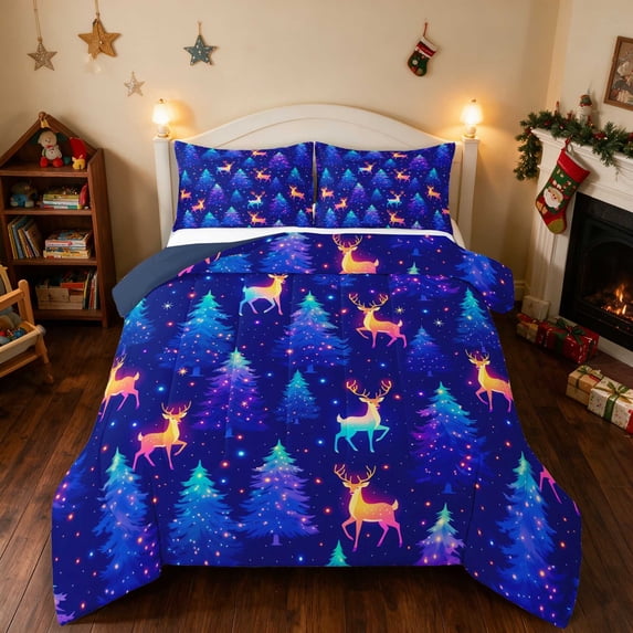 Manfei Reindeer Queen Comforter Set Christmas Comforter Sets Queen, Gray Green 3pcs 1 Comforter and 2 Pillowcases, Navy Reversible