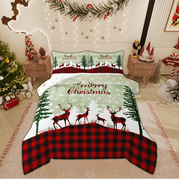 Manfei Reindeer Snowflake Print Bedding Comforter Set, Rustic Christmas Tree Twin Comforter Sets, Teens Kids Child Reversible Bedding Set, Super Cozy Room Decor, 2pcs
