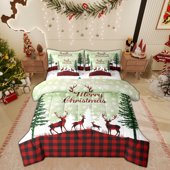 Manfei Reindeer Snowflake Print Twin Bedding Sets 7-Piece, Rustic Christmas Tree Bedding Comforter Set, Teens Kids Child Reversible Sheet Sets, Super Cozy Room Decor