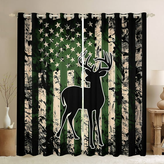 Manfei Reindeer Wildlife Adult Blackout Curtains Set of 2 (52x84 Each), Vintage US Flag Window Curtains, Green Stripes Geometric Curtains and Drapes, Living Room Curtains Decor