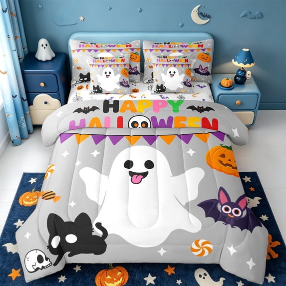Manfei Repeating Bat Pattern 7-Piece Twin Bedding,Halloween Skull Print Bedding Comforter Set,Halloween Reversible