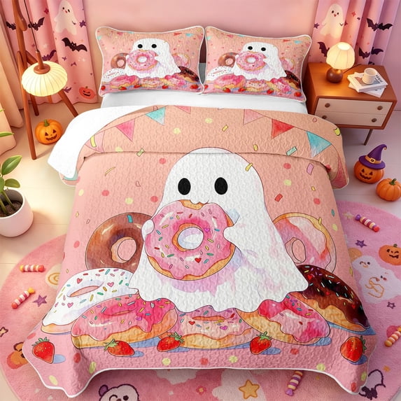 Manfei Repeating Bat Pattern Bed Spread Queen,Halloween Themed Skeleton Queen Coverlet Set,Pink Reversible,3pcs,1 Quilt and 2 Pillowcases