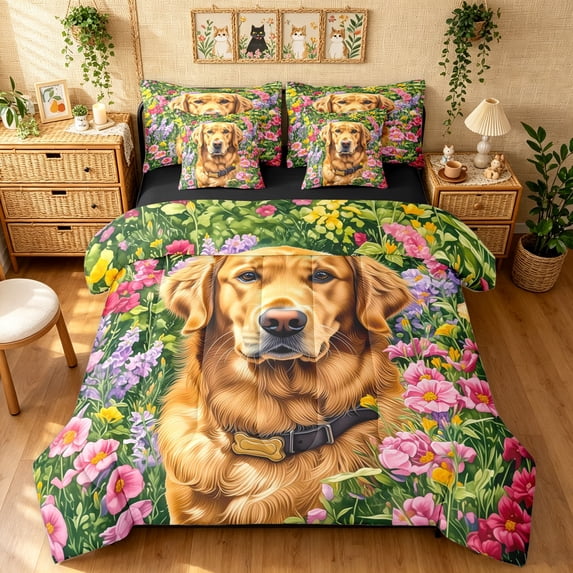 Manfei Retriever Dog Art King Bedding, Rustic Wildflower King Bed in a Bag, Orange Green, Black Reversible, 7 Pieces