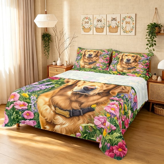Manfei Retriever Dog Art King Sheets, Rustic Wildflower Bedding, Orange Green, 4 Pieces, 1 Flat Sheet, 1 Fitted Sheet and 2 Pillowcases