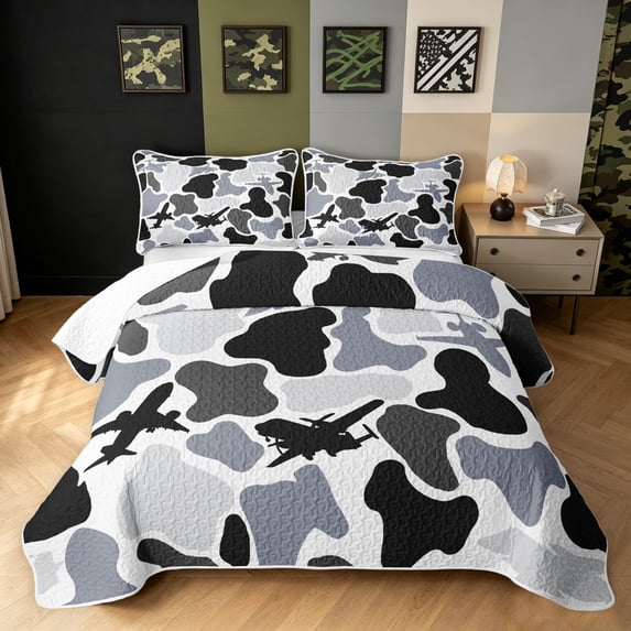 Manfei Retro Aircraft Camo Quilt King, Countryside Plane Vehicle King Coverlet Set, Gray, 3 Pieces, 1 Bedspread and 2 Pillowcases