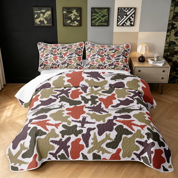 Manfei Retro Airplane Camo Bed Spread Queen, Vintage Plane Vehicle Queen Coverlet Set, Coyote Brown, 3 Pieces, 1 Quilt and 2 Pillowcases