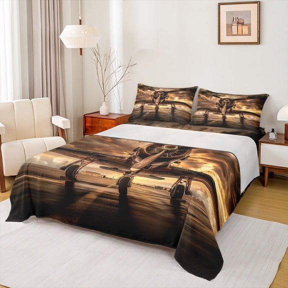 Manfei Retro Airplane Twin Sheet Sets,Vintage Aircraft Twin Fitted Sheet,Brown Beige Flat Sheet For Kids,Super Cozy Room Decor,3-Piece