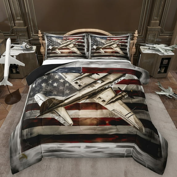 Manfei Retro American Flag Bedding Comforter Set,Cartoon 3D Aircraft Airplane Twin Comforter Sets,White Gray Red Bedding Set For Girl Boy,Breathable Home Decor Reversible,2-Piece
