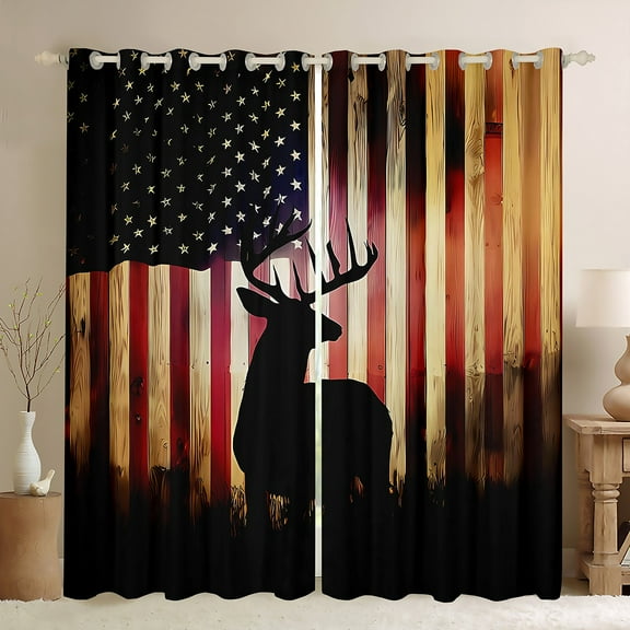Manfei Retro American Flag Black Out Curtains, Jungle Deer Elk Print Curtains Pack of 2 (42x63 Each), Rustic Farmhouse Animal Bedroom Curtains, Black Out Curtains Home Decor